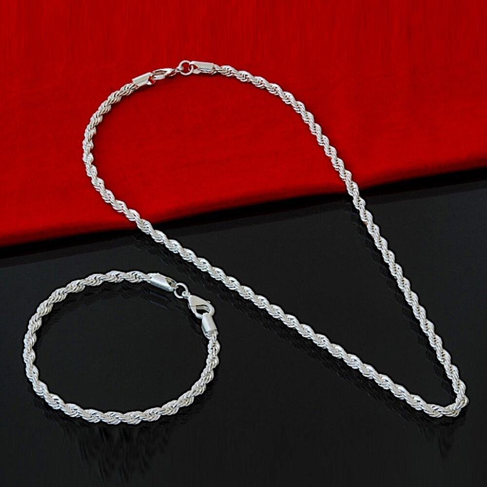 Sterling Silver Rope Chain Unisex Necklace Bracelet Matching Set